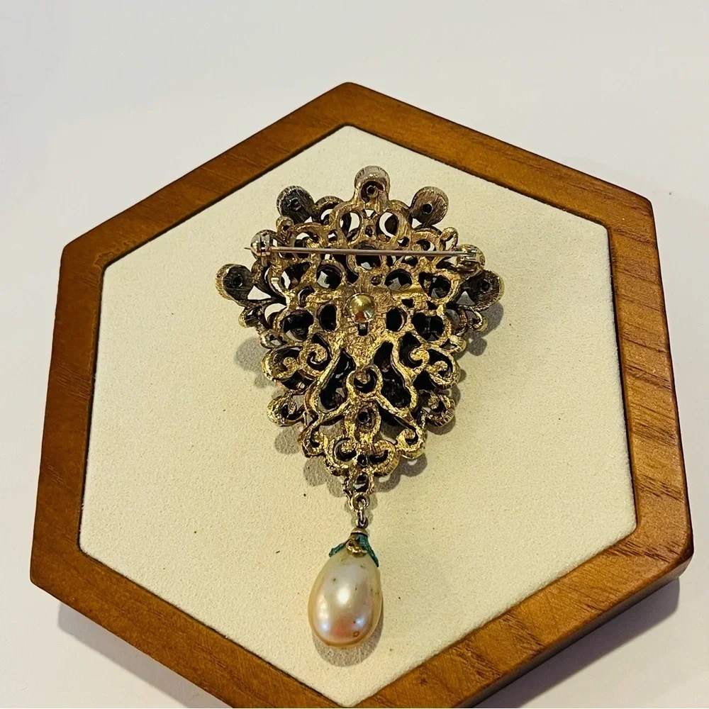 Vintage Gold Tone and Turquoise Brooch with Pearl Drop